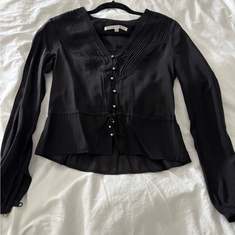 Veronica Beard Black V-Neck Blouse with Buttons